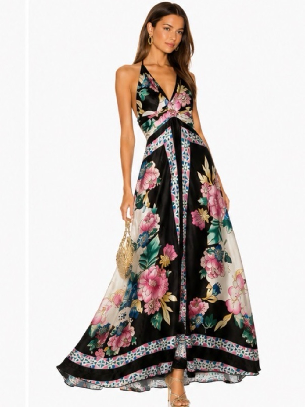 kopa Vintage Inspired Floral Satin Halter Maxi Dress Boho Y2K Resort Glam